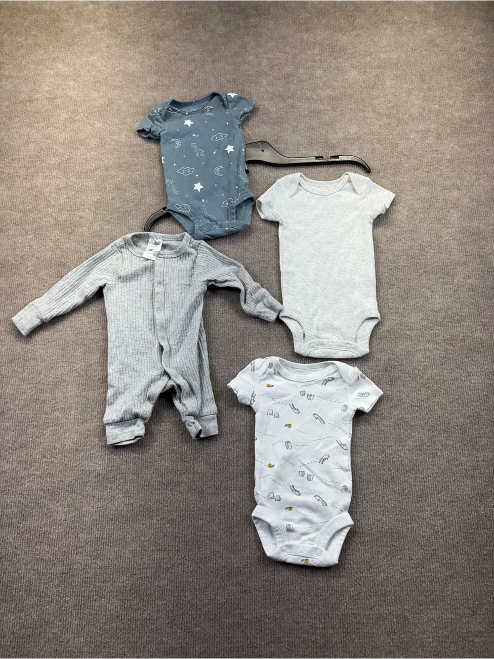 Newborn lot White oneis with frogs, blue/gray with clouds and ribbed gray/white.
